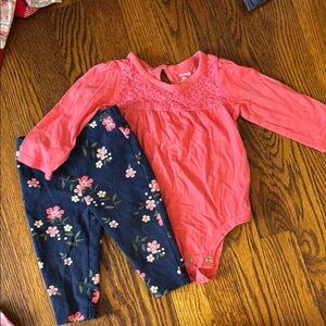 Carter’s 2 Piece - Coral Long Sleeve Onesie and Floral Pants Set - 9 months